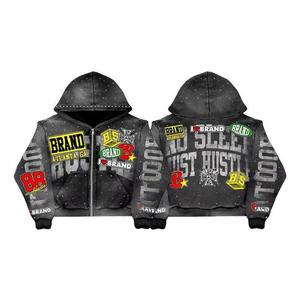 Sweat à capuche vintage en coton délavé style hip-hop avec patch brodé personnalisé, fermeture éclair, en molleton bouclette, pour homme et femme, idéal pour le sport - Product Image 1