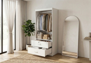 Armario de dormitorio contemporáneo de dos puertas con paneles planos de aglomerado, 2 cajones y 1 estante, modelo W207, Roble Blanco, venta al por mayor - Product Image 2