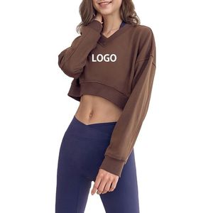 Sweat-shirt court marron pour femme, col en V, manches longues, épaules tombantes, en coton tricoté, décontracté, pour l'automne, avec logo lettre sur le devant - Product Image 1