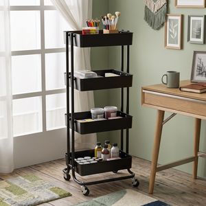 Black 4-Tier Metal Storage Cart with <b>Wheels</b> Movable Multilayer Organizer for Home Office Use - Product Image 1