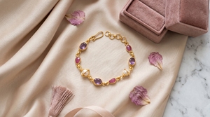 Multi <b>Gemstone</b> <b>Bracelet</b> with Natural Ruby, Amethyst & Pearl in 925 Sterling Silver Gold Plated Bezel Set Link <b>Bracelet</b> - Product Image 5