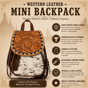 Western Hair-On Cowhide Leather <b>Mini</b> <b>Backpack</b> Hand Tooled Floral Genuine Leather for Travel Daypack Fashion <b>Backpack</b> for Women - Product Image 5
