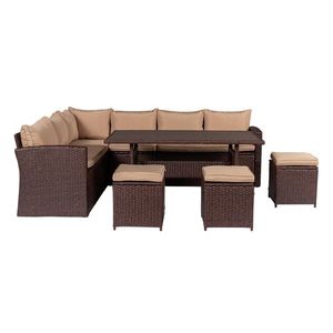 Set da pranzo da giardino in rattan marrone effetto legno con 8 cuscini color kaki e superficie in legno plastico - Product Image 1