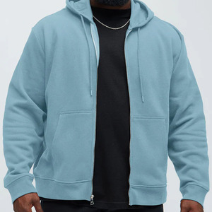 Sweat-shirt à capuche zippé pour homme, couleur unie, en molleton, coupe décontractée, bleu clair, 100 % coton tricoté, pour l'automne - Product Image 3