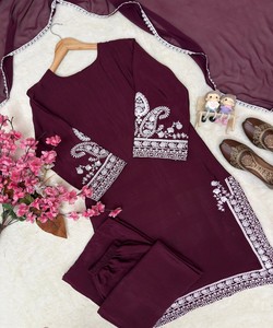 Purple Embroidered Kurta Palazzo Set Women Traditional Loose Fit Floor Length Party Wear India Pakistan Style 84565 LC 1467 - Product Image 4