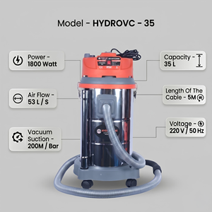 HYDROPLUS INTERNATIONAL HYDROVC35 35L NOUVELLE MACHINE DE NETTOYAGE HUMIDE ET SEC 1800W HAUTE ASPIRATION 200MBAR ÉLECTRIQUE EN ACIER INOXYDABLE - Product Image 2