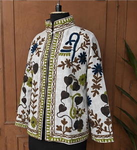 Luxury Handmade Floral Embroidery <b>Quilted</b> Jacket for Women Brown Olive Navy Velvet Fabric Quick Dry Cotton Boho Jaipur Style - Product Image 5