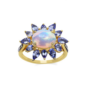 925 Sterling Silver Natural <b>Opal</b> Tanzanite & Diamond <b>Ring</b> for Women <b>Gold</b> Plated Vintage Cocktail Statement Fine Jewelry Gift - Product Image 1