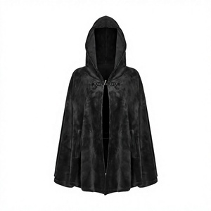 New Black-Velvet Hooded-Poncho Plus Size Gothic-Cape With Button-Closure Winter Outerwear For Adults - Product Image 1