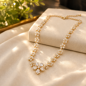Yellow Gold Plated Flower Moissanite <b>Necklace</b> for Women Round Cut Diamond Wedding Bridal <b>Statement</b> <b>Necklace</b> - Product Image 3