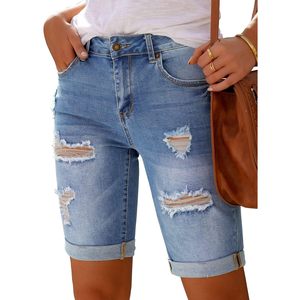 2025 femmes taille haute Stretch Bermuda Shorts déchiré ourlet roulé Jean Shorts brodé Logo Streetwear Style pour l'été - Product Image 4