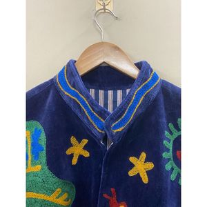 Hand Embroidered Velvet Cotton Jacket <b>Women</b> Mandarin Collar Full Sleeve Autumn Winter Bohemian Eye Pattern Open Front <b>Coat</b> - Product Image 2