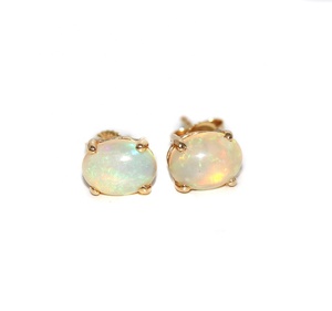 Wholesale 14k Yellow Gold Natural Oval Cabochon Ethiopian <b>Opal</b> Prong <b>Stud</b> <b>Earrings</b> Memoria Jewels - Product Image 1