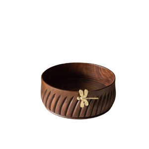 Tazón de Madera Artesanal para Servir con Adorno de Libélula Metálica, Tazón Decorativo de Madera Acanalada para Frutas y Ensaladas, para Decoración de Hoteles y Hogares - Product Image 1