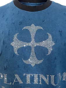 Custom High Quality Rhinestone Cross <b>Blue</b> Vintage Distressed Ripped Layered Leather Sleeve Oversized <b>Men</b> T Shirt Streetwear - Product Image 4