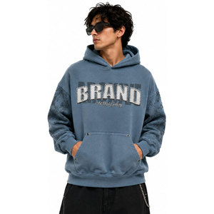 Sweat-shirt à capuche oversize de marque 100 % coton French Terry unisexe décontracté bleu automne avec poche et logo imprimé sur le devant - Product Image 2
