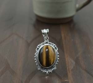 จี้หินไทเกอร์อายธรรมชาติ เงินแท้ 925 งานแฮนด์เมด สไตล์วินเทจ สำหรับผู้หญิง ดีไซน์ทรงรีแบบคาโบชอง - Product Image 6