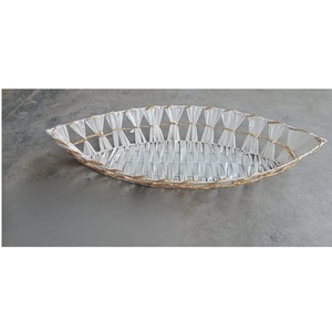 Handcrafted Round Natural Rattan Storage <b>Basket</b> White Paper Straw Woven <b>Tray</b> Gold Accent Fruit Bread Gift Hampers Rattan <b>Basket</b> - Product Image 5