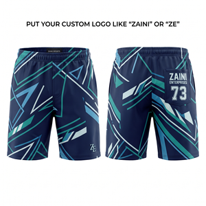 Short de bain pour homme en microfibre de polyester premium 180 GSM, bleu marine, blanc aqua, design à panneaux géométriques, logo personnalisé par sublimation - Product Image 1