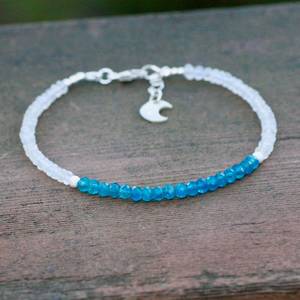 Natural Neon Blue Apatite Moonstone Bracelet Sterling Silver Handmade Gemstone Jewelry Gift For Women - Product Image 4
