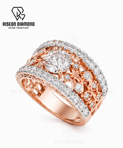 แหวนค็อกเทลเพชรทรงกลมวินเทจ ทองคำชมพู 18K ลายฉลุแบบเปิดประดับเพชรหลายแถว แหวนหมั้นหรูหราสำหรับเจ้าสาว เครื่องประดับชั้นดี - Product Image 3