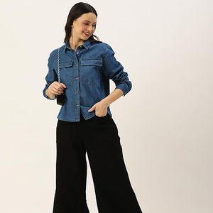 Chemisier en jean oversize tendance pour femme, motif floral vintage et à carreaux, nouvelle collection, unique et très prisée - Product Image 1