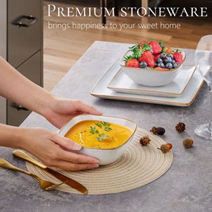 Set di Stoviglie Quadrate 4 Pezzi, 12 Ciotole e Piatti in Gres, Piatti Coupe con Smalto Reattivo Fatto a Mano - Product Image 4