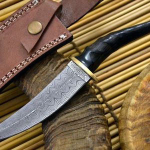 Couteau à lame fixe en acier Damas, couteau de chasse à pointe tombante, épaisseur de 0,6 mm, manche en bois - Product Image 4
