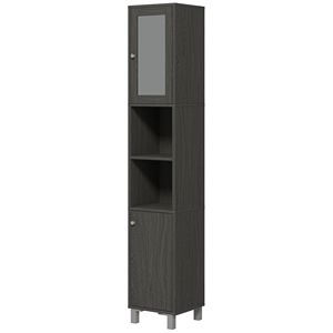 Mobile da bagno alto grigio con specchio sottile torre di lino con ripiani regolabili e porte strette mobili di stoccaggio - Product Image 1