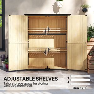 Casetta da Giardino in Legno Naturale con Tetto in Asfalto, 2 Ripiani, Porte con Serratura, Piedini Regolabili e Facile Montaggio - Product Image 6