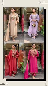 Conjunto de dos piezas de algodón rojo para mujer con dupatta bordada, estilo holgado, atuendo étnico tradicional de la India y Pakistán, ropa de boda. - Product Image 5