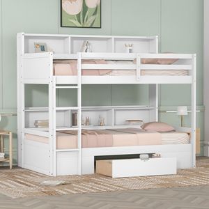 Letto a Castello Singolo Bianco con Scaffali Integrati e Cassetto Portaoggetti, con Funzionalità di Stoccaggio per i Bambini sul Letto Superiore e Inferiore - Product Image 1