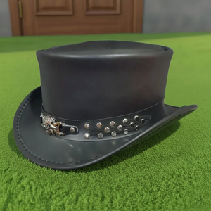 High Quality Custom made Handmade Black Leather Steampunk <b>Top</b> Hat Gothic Skull Cowboy Western Rocker Hat - Product Image 2