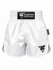 กางเกงชกมวย KAMPFER INDUSTRIES สีขาว ระบายอากาศได้ดี แห้งเร็ว ผลิตจากโพลีเอสเตอร์ 100% สำหรับผู้ใหญ่ ยูนิเซ็กซ์ เหมาะสำหรับศิลปะการต่อสู้แบบผสมผสาน ลายพิมพ์แบบ Heat-Transfer - Product Image 1