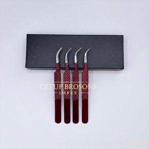 Pince à épiler professionnelle pour extensions de cils, en acier inoxydable, à pointe courbe, avec revêtement en poudre rouge foncé, volume Boot Volume et grip diamanté, instrument de beauté - Product Image 2