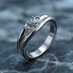 Anillo de Oro Sólido de 9K con Aguamarina en Forma de Ola, Banda Minimalista con Gema Marquise, Joyería Fina para Mujer - Product Image 1