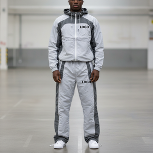 Nouvel Arrivage 2026 Ensemble de Survêtement Homme à Capuche Léger en Polyester Séchage Rapide Sportif Longueur Intégrale Gris Blanc Bloc de Couleurs Logo Avant - Product Image 4