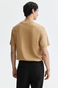 Camiseta de algodón lavado informal para hombre, color beige sólido, manga corta, cuello redondo, con logo personalizado, corte regular, estilo vintage. - Product Image 3