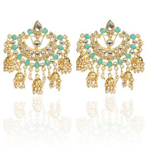 Pendientes de Moda con Flores Doradas, Estilo Kundan, Aleación, Cristal Negro, Pedrería, Ligeros, Joyería de Moda, Elegantes y Tradicionales - Product Image 2