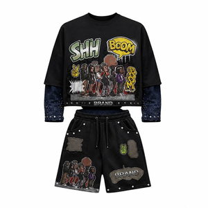 Premium Custom Printed Men's Summer Oversized Graphic Patch Suit Set Layered Long Sleeve <b>Studded</b> Streetwear Fleece Two Piece - Product Image 4