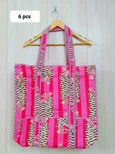 Sac fourre-tout matelassé en coton imprimé à la main pour femme, écologique, style bohème, multicolore, pour le quotidien et le shopping - Product Image 3
