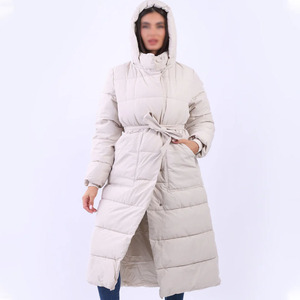 Women's Long Quilted Hooded Puffer Jacket With Belt Closure <b>Thick</b> <b>Winter</b> <b>Coat</b> Full Sleeve Solid Color Polyester Wadding - Product Image 1