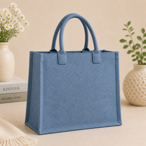 Bolso Tote Azul de Yute Estilo Bohemio con Bordado de Margaritas, Abertura Superior para Playa, Viajes y Uso Diario - Product Image 6