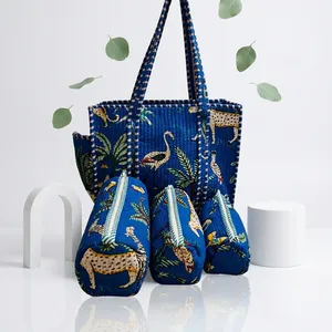 Sac à main matelassé en coton style vintage à imprimé floral, durable, doux au toucher, fermeture éclair, léger, facile à transporter, pochette utilitaire 3 pièces - Product Image 5