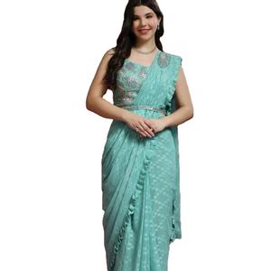 Saree de travail de séquence de broderie en soie jacquard lourd par Fab Zone - Product Image 1