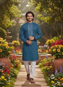 Vente en gros : Ensemble Kurta Pajama pour homme, brodé à la main, style Chikankari Gujarati, idéal pour les mariages, disponible à la vente. - Product Image 3