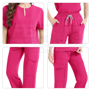 Ensemble de blouses médicales pour femmes, col en V, en sergé, manches courtes, rose, Spandex/Polyester, uniformes d'hôpital, poches avec détection d'aiguilles pour le personnel médical - Product Image 2