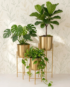 Macetas de metal duradero de latón y cobre con acabado dorado para decoración del hogar, jardín, hostelería y soporte para macetas de estilo moderno. - Product Image 2