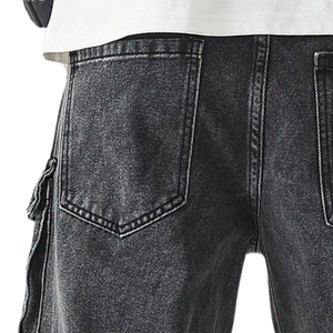 Pantalones Cargo de Mezclilla Negros Lavados para Hombre, Corte Relajado, Multibolsillos, Pierna Recta, Jeans Utilitarios, Pantalones Casuales de Estilo Urbano para Uso Diario - Product Image 4