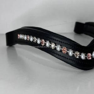 Bande de sourcils de cheval en cuir rembourrée à canal vide noir de qualité supérieure avec bande de sourcils en cristal rose et perle Bling Diamante à 1 rangée - Product Image 6